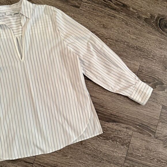 Vince Women's White Burgundy Blue Pin Stripe Popover Blouse - Picture 4 of 9